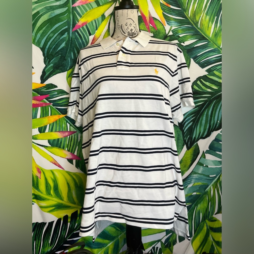Vintage 90s Polo Ralph Lauren XL Mens Custom Fit White Striped Gold Logo Shirt